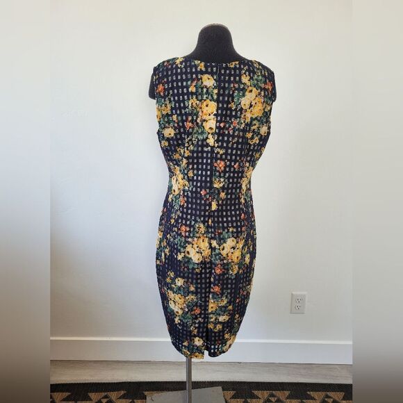 Navy Floral Grid Sheath Pencil Dress Office Career Professional Church Twee XXL - Picture 4 of 12